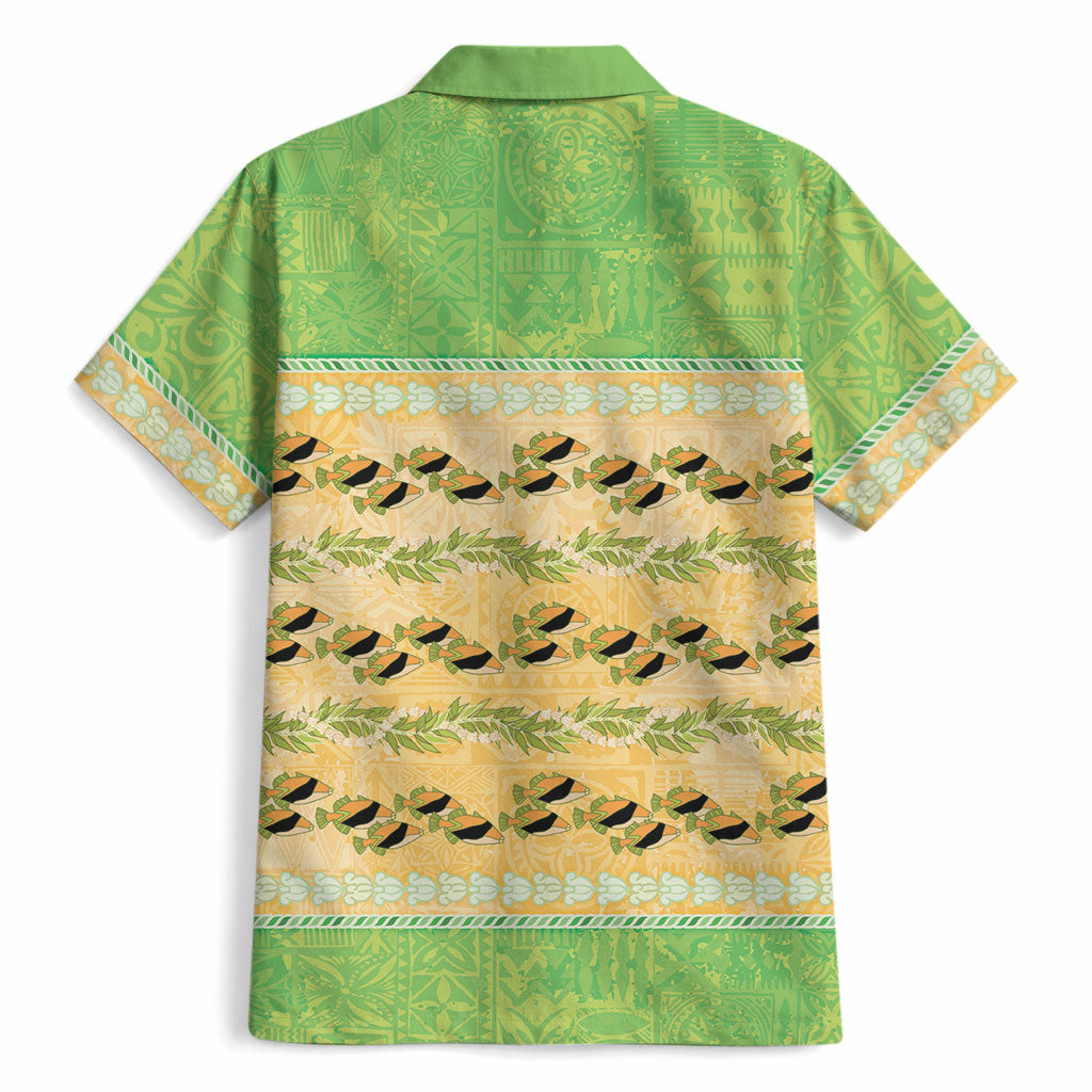 Hawaii Humuhumu Fish Maile Pikake Lei Hawaiian Shirt Tribal Tapa Green Version