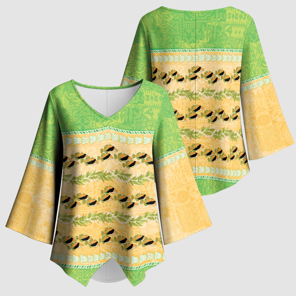 Hawaii Humuhumu Fish Maile Pikake Lei Kimono Sleeve Blouse Tribal Tapa Green Version