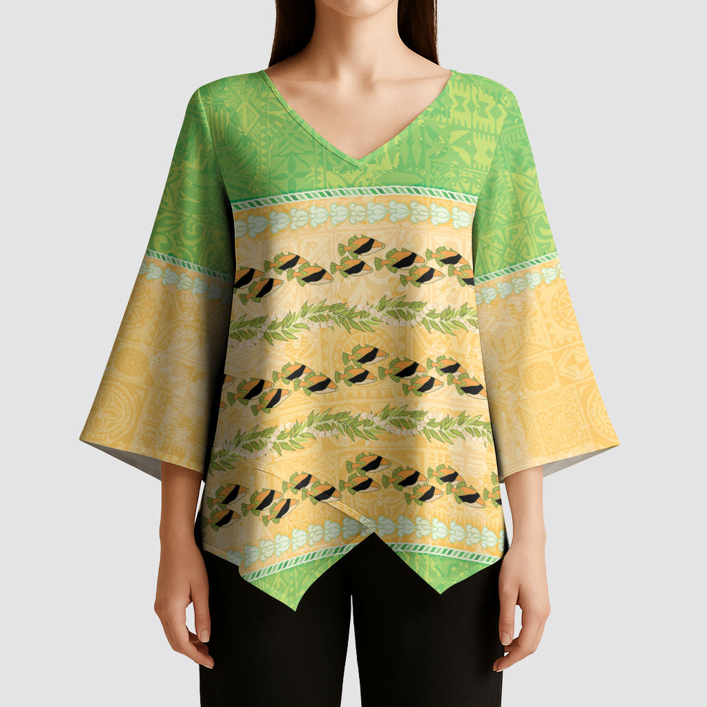 Hawaii Humuhumu Fish Maile Pikake Lei Kimono Sleeve Blouse Tribal Tapa Green Version