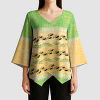 Hawaii Humuhumu Fish Maile Pikake Lei Kimono Sleeve Blouse Tribal Tapa Green Version
