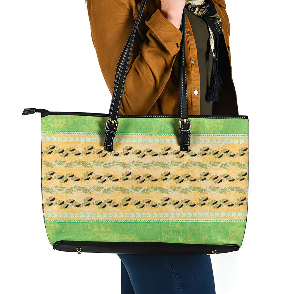 Hawaii Humuhumu Fish Maile Pikake Lei Leather Tote Bag Tribal Tapa Green Version