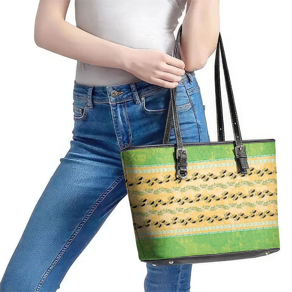 Hawaii Humuhumu Fish Maile Pikake Lei Leather Tote Bag Tribal Tapa Green Version