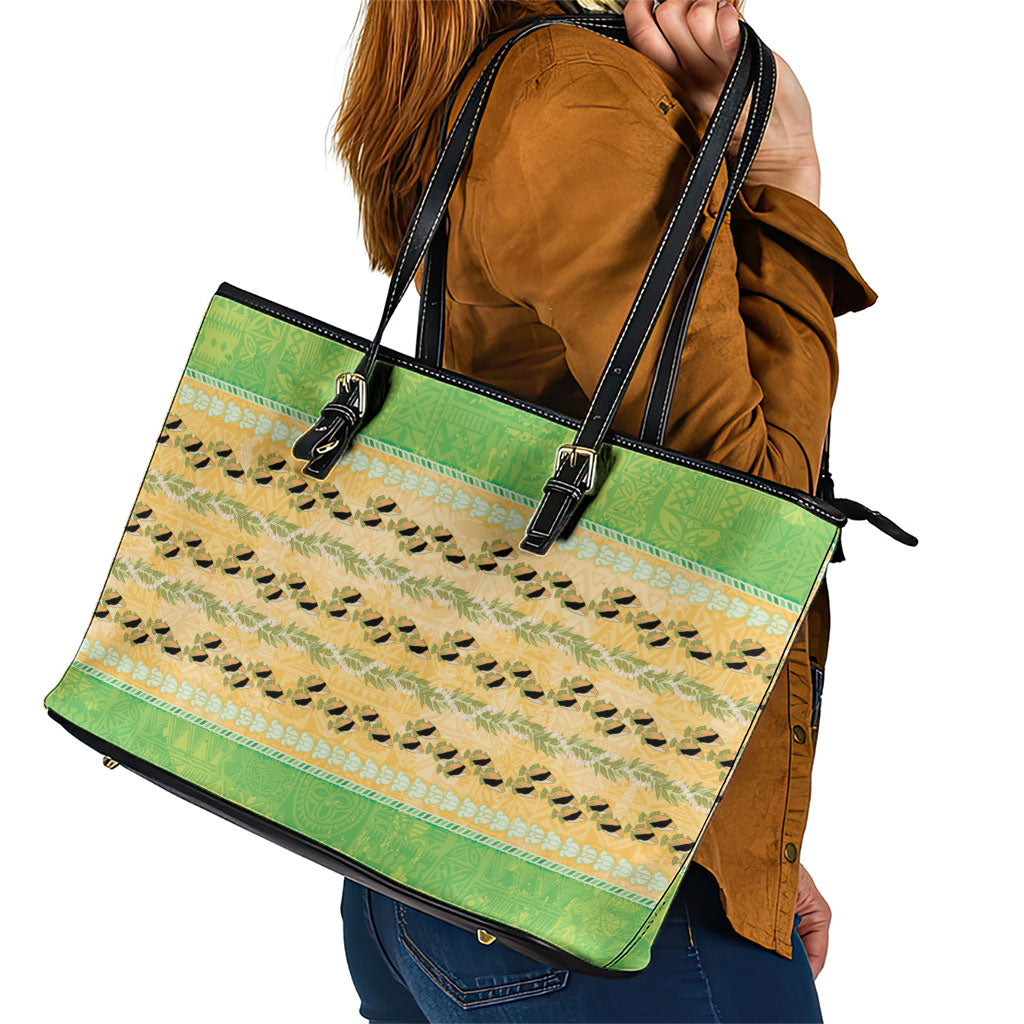 Hawaii Humuhumu Fish Maile Pikake Lei Leather Tote Bag Tribal Tapa Green Version