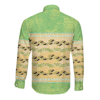 Hawaii Humuhumu Fish Maile Pikake Lei Long Sleeve Button Shirt Tribal Tapa Green Version