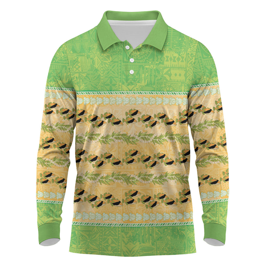 Hawaii Humuhumu Fish Maile Pikake Lei Long Sleeve Polo Shirt Tribal Tapa Green Version
