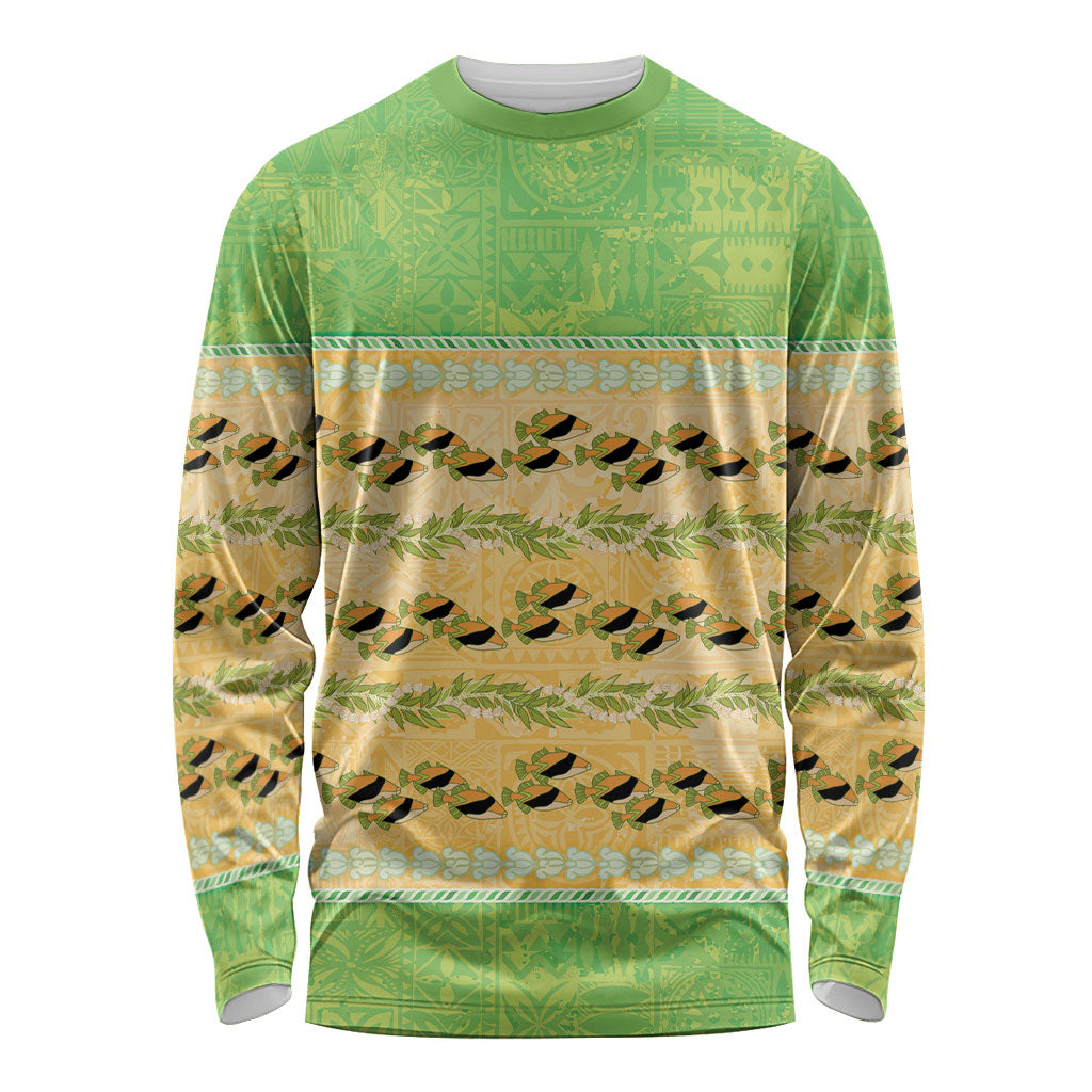 Hawaii Humuhumu Fish Maile Pikake Lei Long Sleeve Shirt Tribal Tapa Green Version