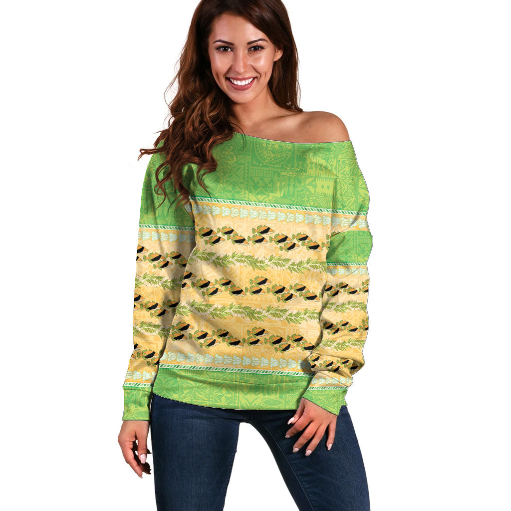 Hawaii Humuhumu Fish Maile Pikake Lei Off Shoulder Sweater Tribal Tapa Green Version