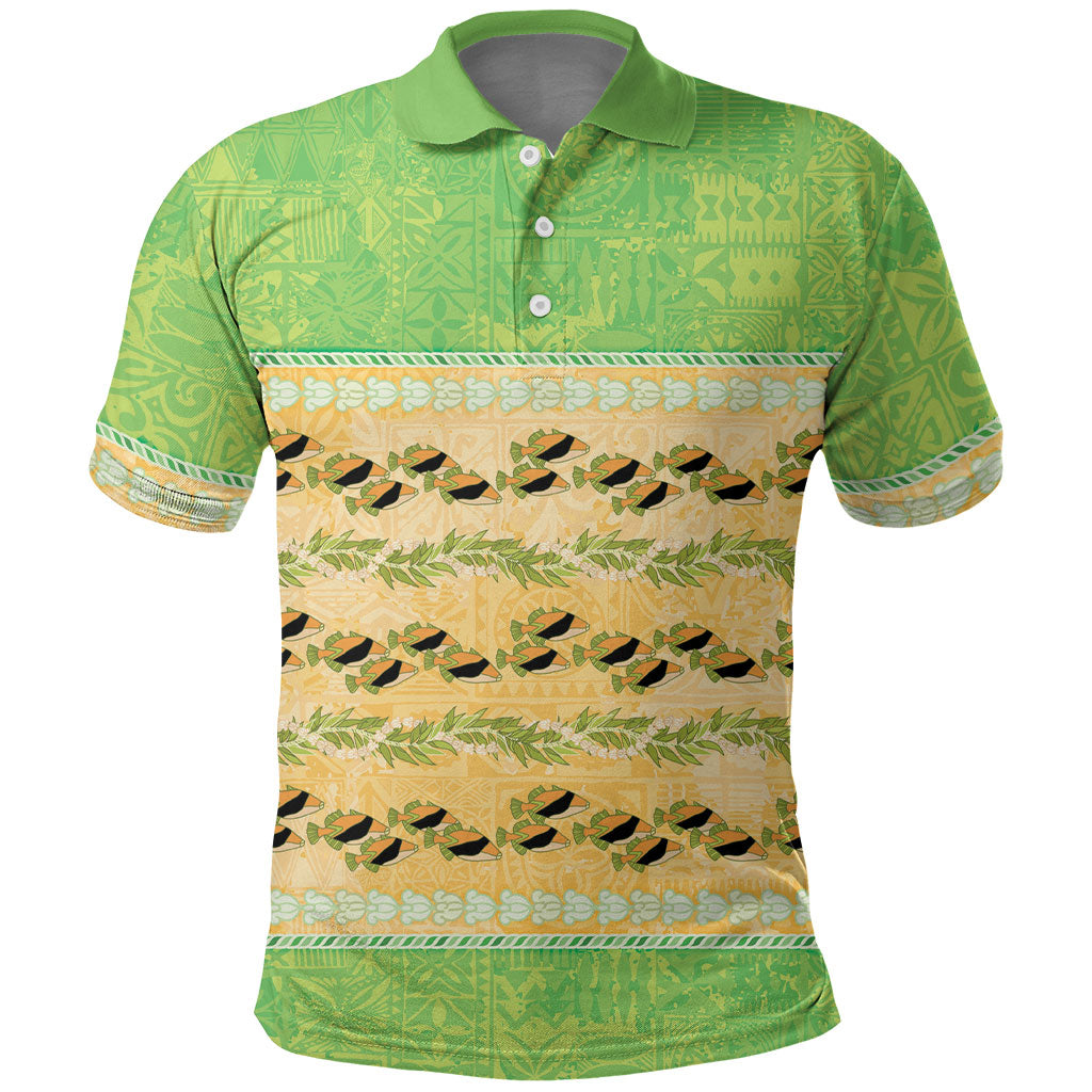 Hawaii Humuhumu Fish Maile Pikake Lei Polo Shirt Tribal Tapa Green Version