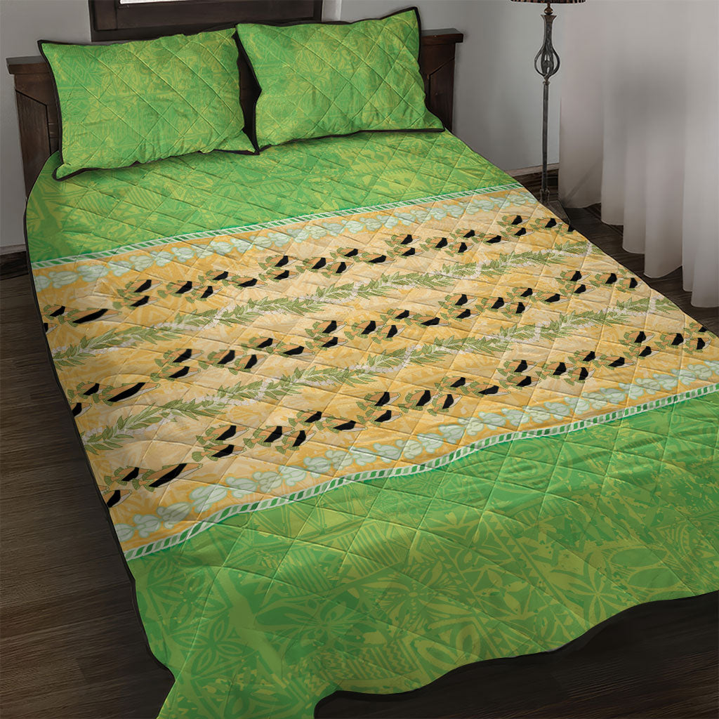 Hawaii Humuhumu Fish Maile Pikake Lei Quilt Bed Set Tribal Tapa Green Version