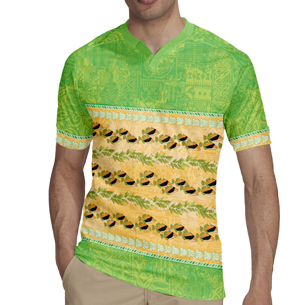 Hawaii Humuhumu Fish Maile Pikake Lei Rugby Jersey Tribal Tapa Green Version