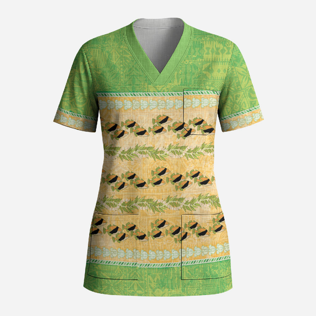Hawaii Humuhumu Fish Maile Pikake Lei Scrub Top Tribal Tapa Green Version