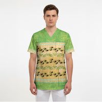 Hawaii Humuhumu Fish Maile Pikake Lei Scrub Top Tribal Tapa Green Version