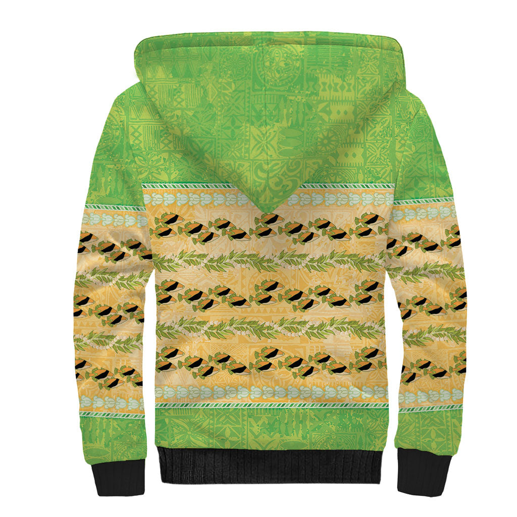 Hawaii Humuhumu Fish Maile Pikake Lei Sherpa Hoodie Tribal Tapa Green Version