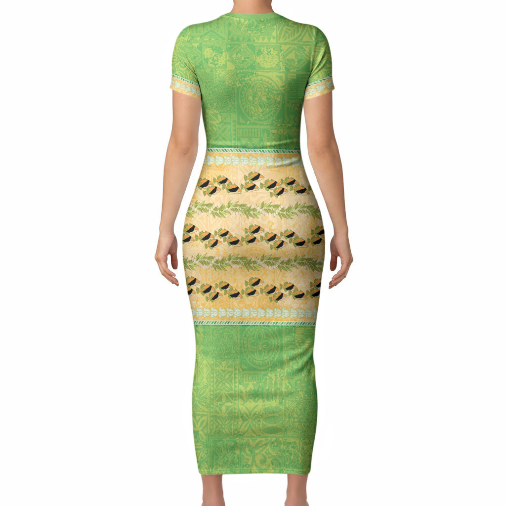 Hawaii Humuhumu Fish Maile Pikake Lei Short Sleeve Bodycon Dress Tribal Tapa Green Version