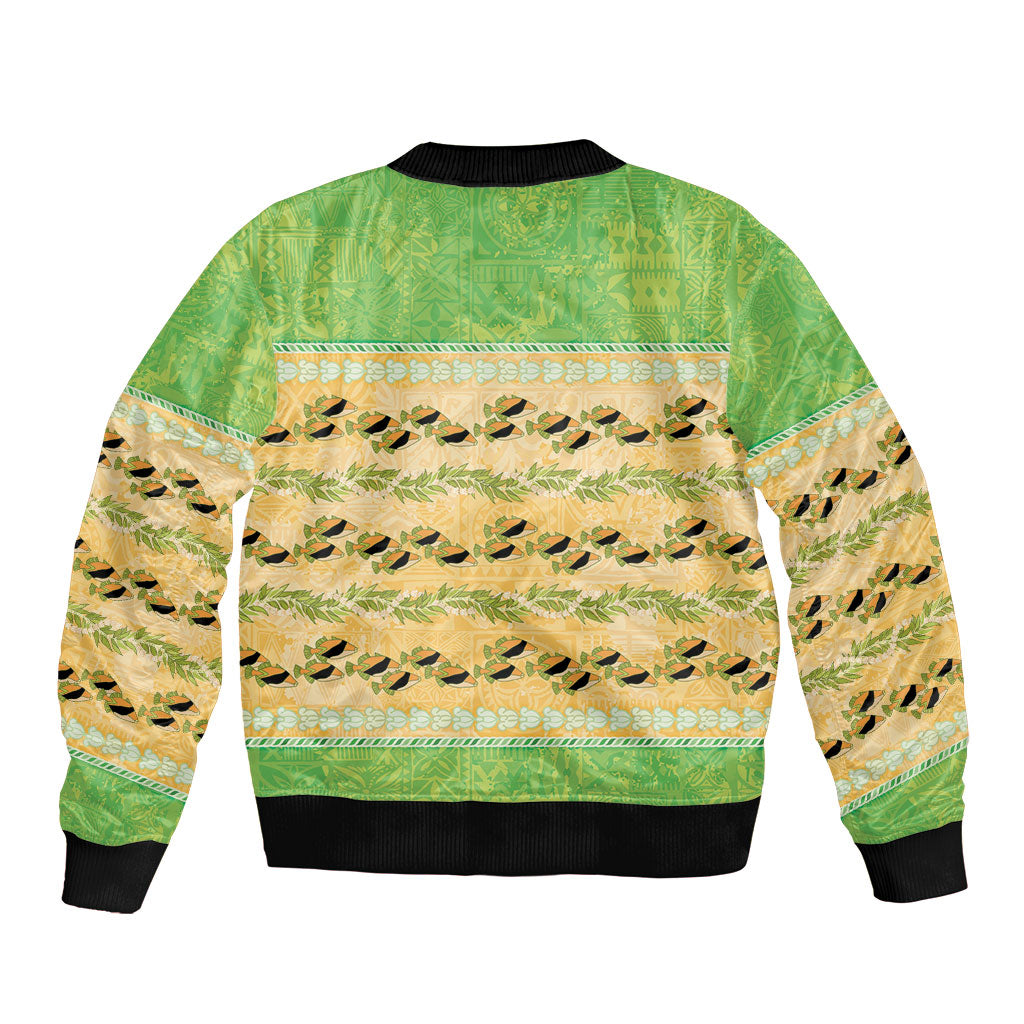 Hawaii Humuhumu Fish Maile Pikake Lei Sleeve Zip Bomber Jacket Tribal Tapa Green Version