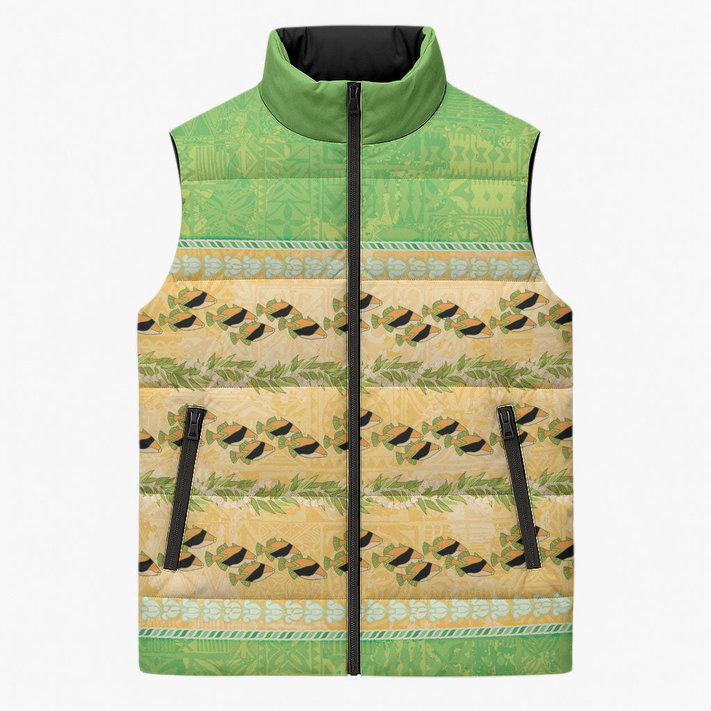 Hawaii Humuhumu Fish Maile Pikake Lei Sleeveless Puffer Jacket Tribal Tapa Green Version