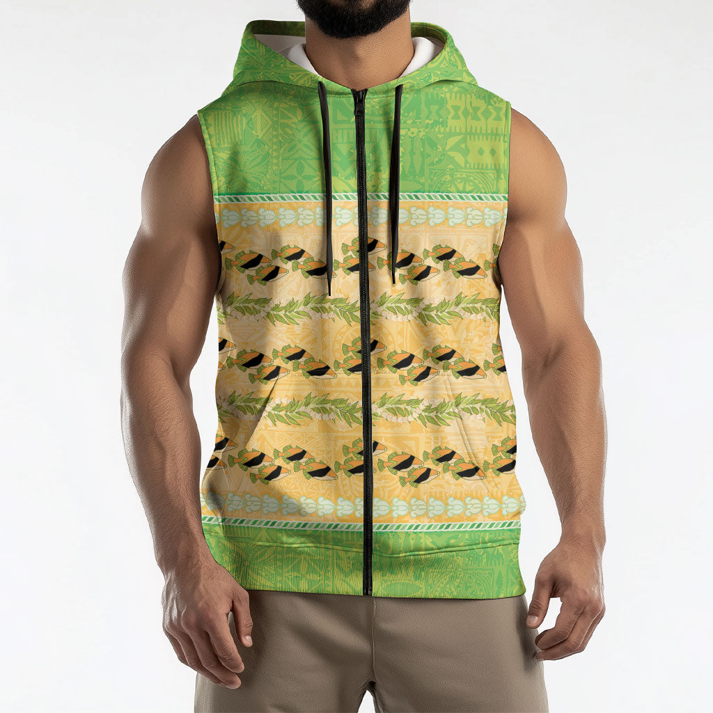 Hawaii Humuhumu Fish Maile Pikake Lei Sleeveless Zip Hoodie Tribal Tapa Green Version