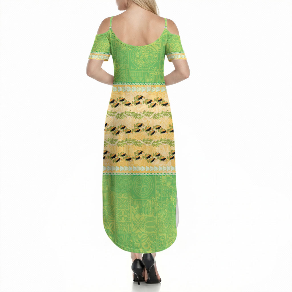 Hawaii Humuhumu Fish Maile Pikake Lei Summer Maxi Dress Tribal Tapa Green Version