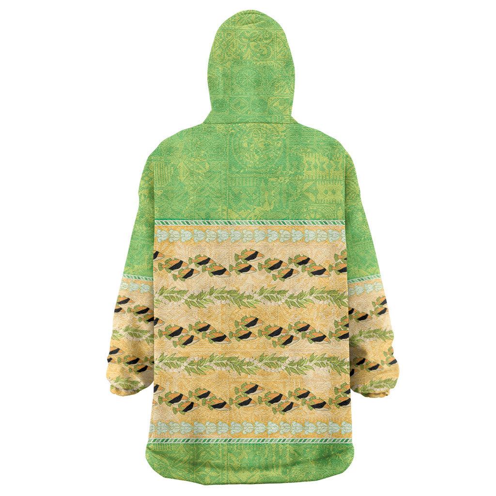 Hawaii Humuhumu Fish Maile Pikake Lei Wearable Blanket Hoodie Tribal Tapa Green Version