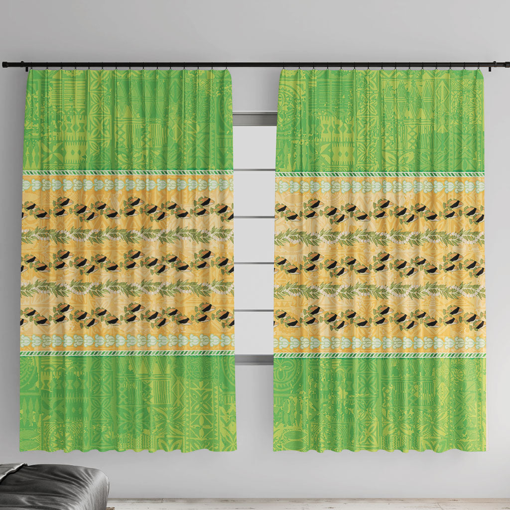 Hawaii Humuhumu Fish Maile Pikake Lei Window Curtain Tribal Tapa Green Version