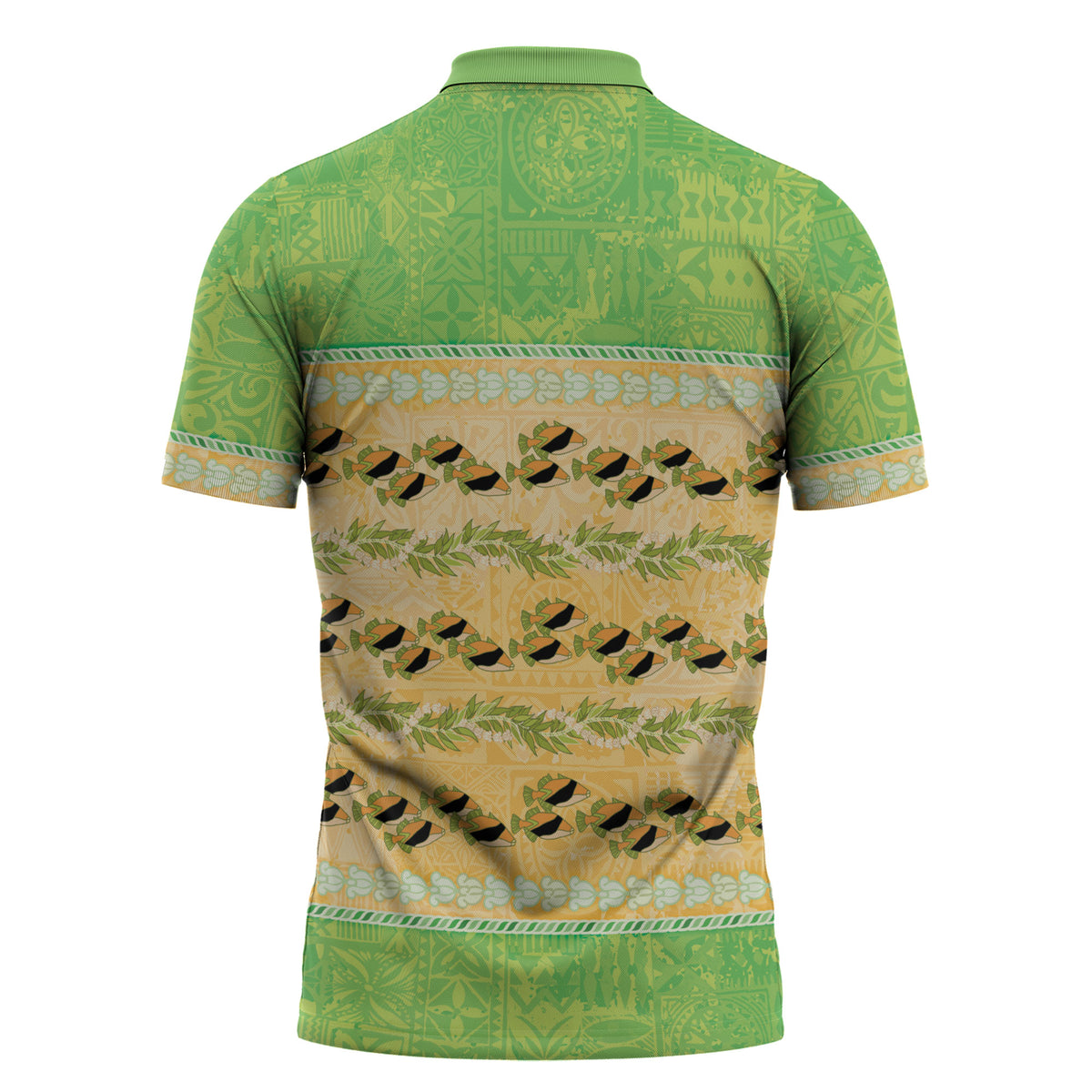 Hawaii Humuhumu Fish Maile Pikake Lei Zipper Polo Shirt Tribal Tapa Green Version