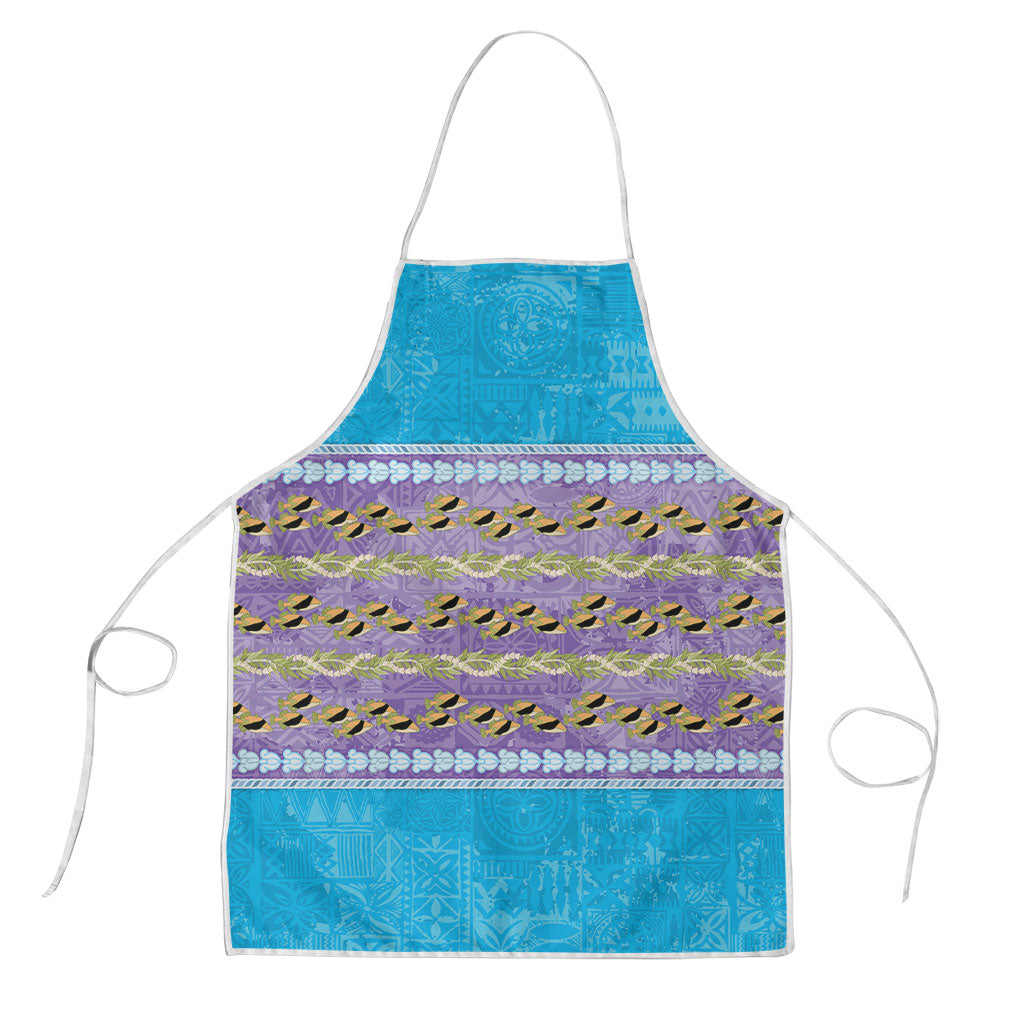 Hawaii Humuhumu Fish Maile Pikake Lei Apron Tribal Tapa Blue Version