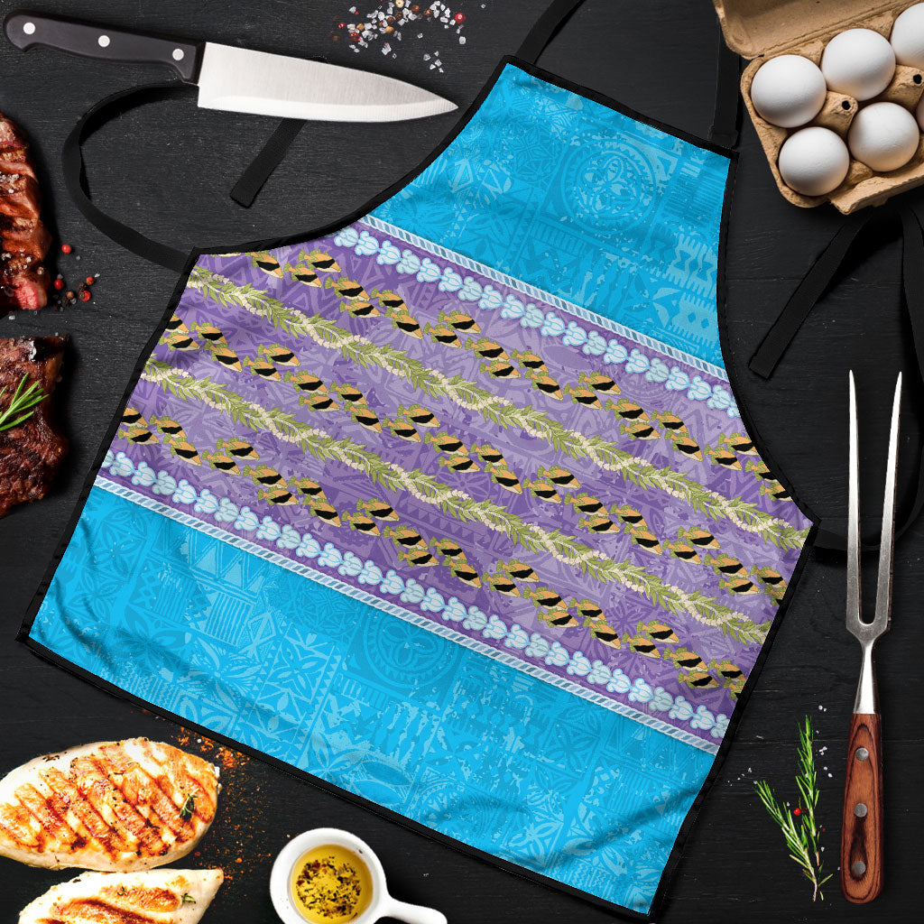 Hawaii Humuhumu Fish Maile Pikake Lei Apron Tribal Tapa Blue Version
