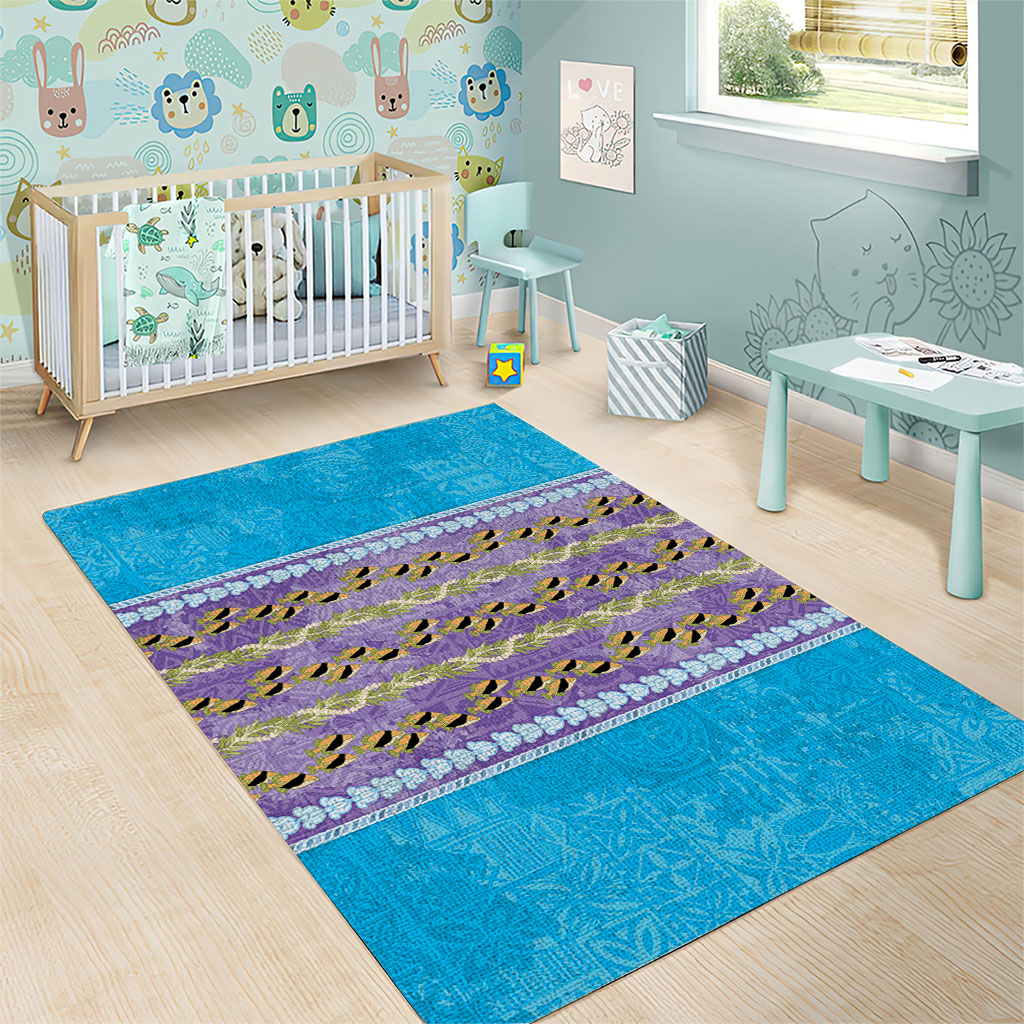 Hawaii Humuhumu Fish Maile Pikake Lei Area Rug Tribal Tapa Blue Version