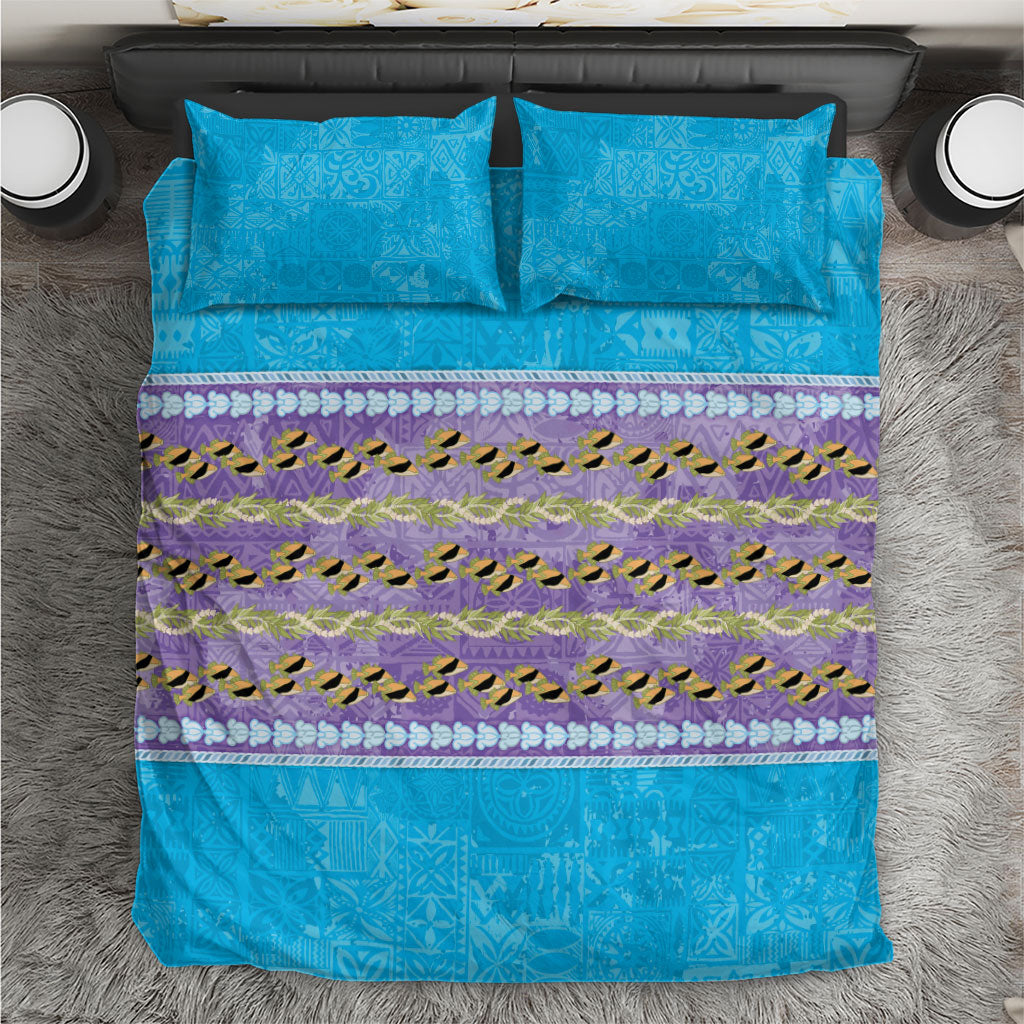 Hawaii Humuhumu Fish Maile Pikake Lei Bedding Set Tribal Tapa Blue Version
