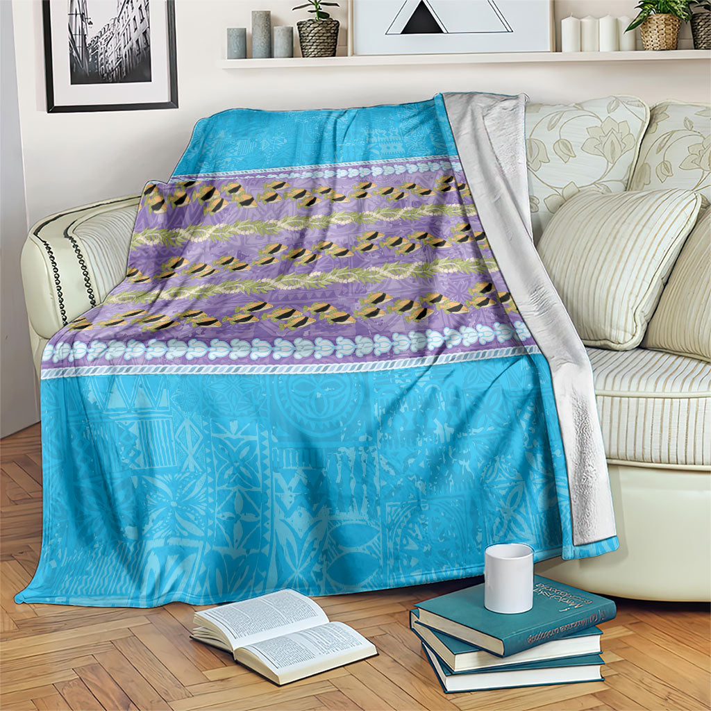 Hawaii Humuhumu Fish Maile Pikake Lei Blanket Tribal Tapa Blue Version