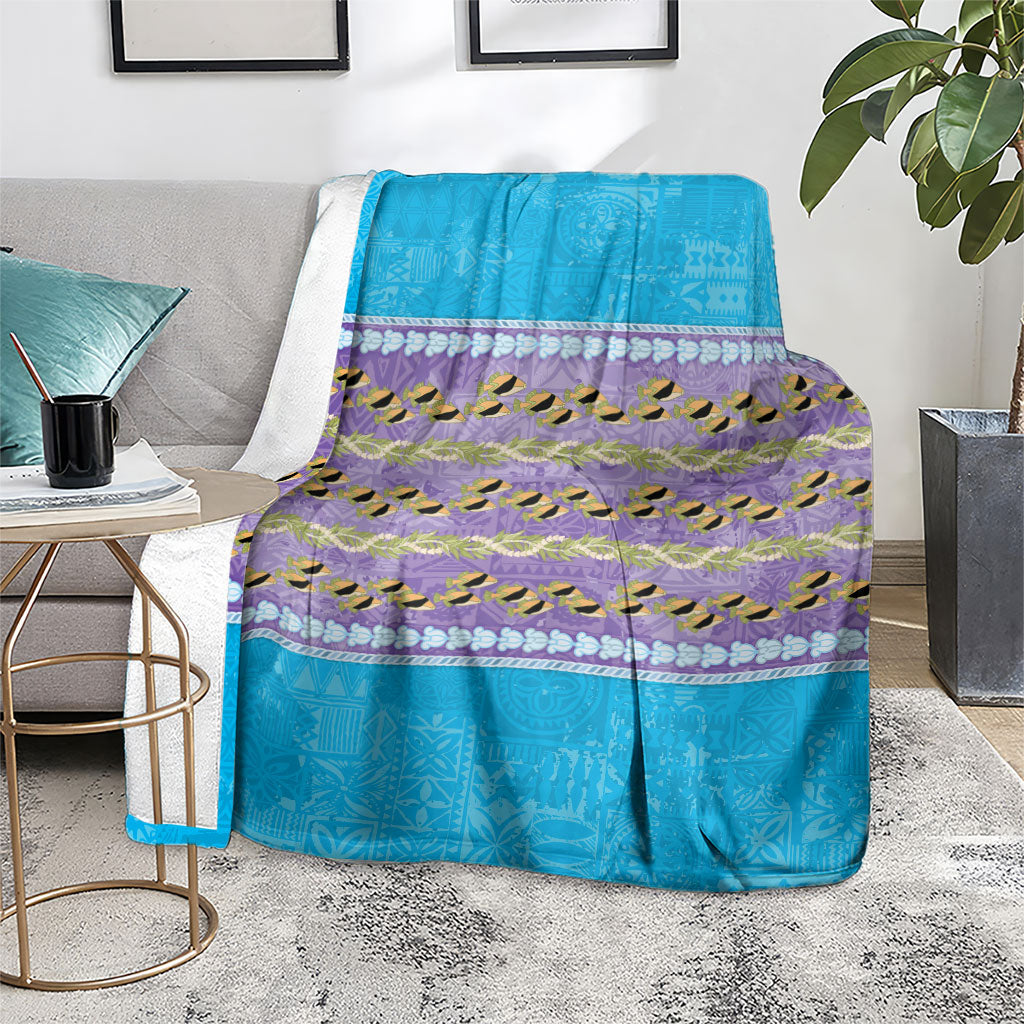 Hawaii Humuhumu Fish Maile Pikake Lei Blanket Tribal Tapa Blue Version