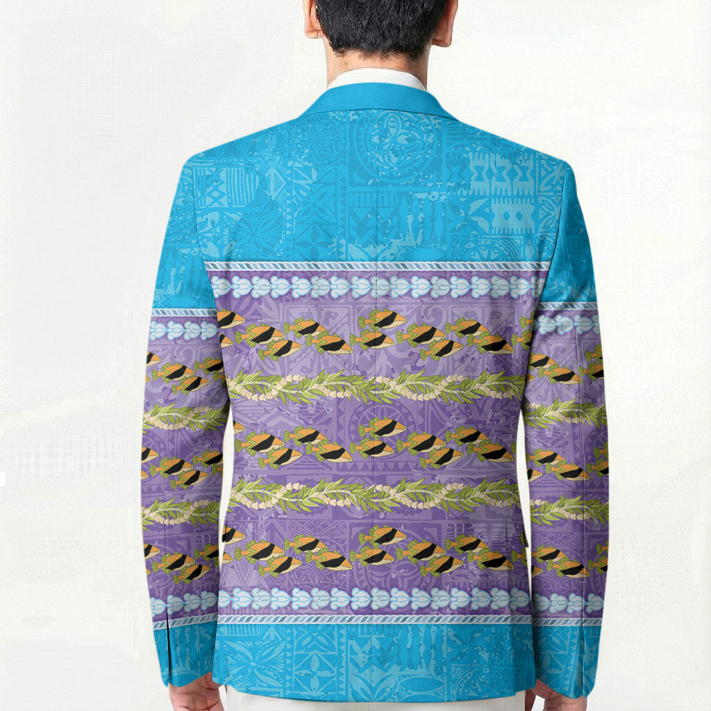 Hawaii Humuhumu Fish Maile Pikake Lei Blazer Tribal Tapa Blue Version