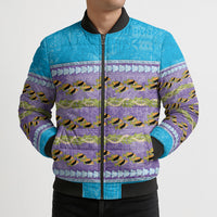 Hawaii Humuhumu Fish Maile Pikake Lei Bomber Puffer Jacket Tribal Tapa Blue Version