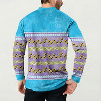 Hawaii Humuhumu Fish Maile Pikake Lei Button Sweatshirt Tribal Tapa Blue Version