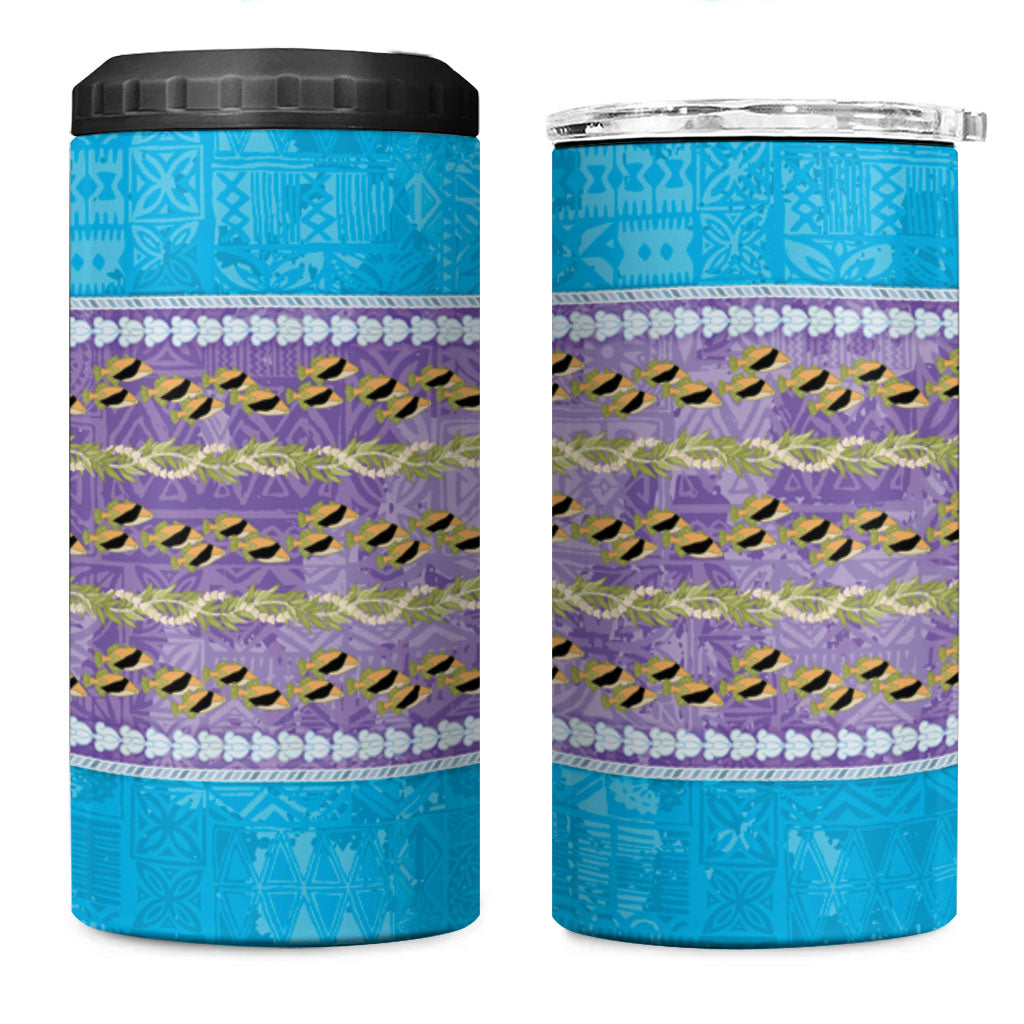 Hawaii Humuhumu Fish Maile Pikake Lei 4 in 1 Can Cooler Tumbler Tribal Tapa Blue Version