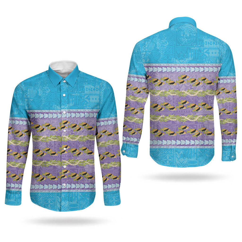 Hawaii Humuhumu Fish Maile Pikake Lei Couples Matching Long Sleeve Bodycon Dress and Long Sleeve Button Shirt Tribal Tapa Blue Version