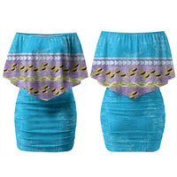 Hawaii Humuhumu Fish Maile Pikake Lei Couples Matching Off Shoulder Short Dress and Long Sleeve Button Shirt Tribal Tapa Blue Version
