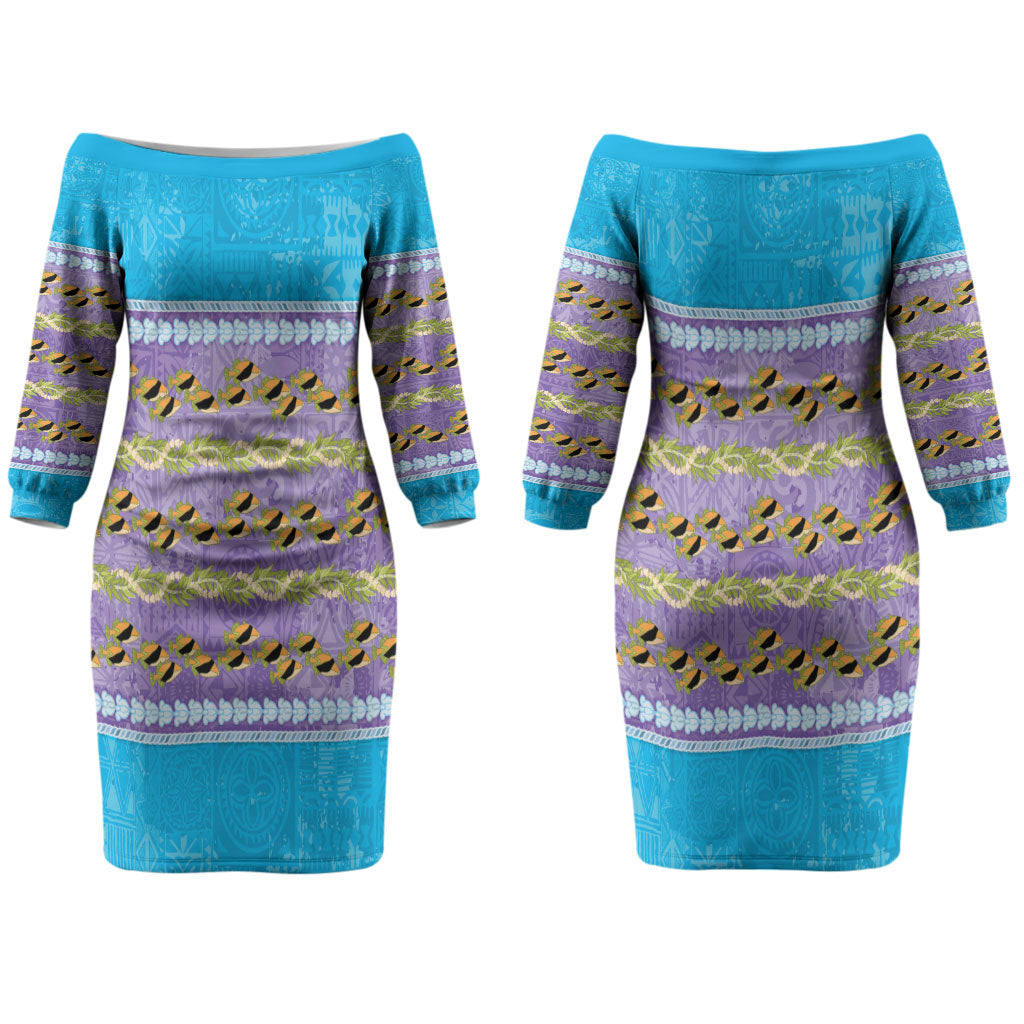 Hawaii Humuhumu Fish Maile Pikake Lei Couples Matching Off The Shoulder Long Sleeve Dress and Hawaiian Shirt Tribal Tapa Blue Version