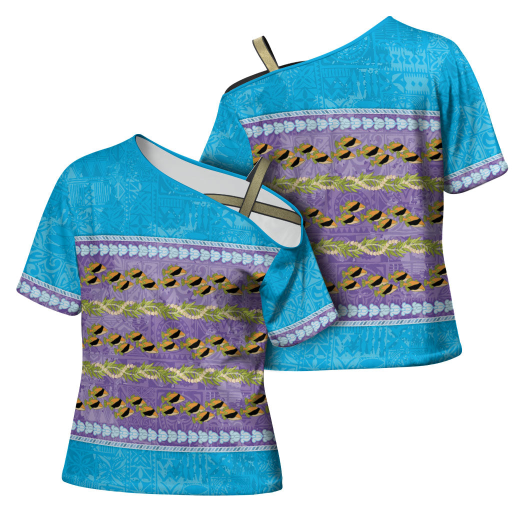 Hawaii Humuhumu Fish Maile Pikake Lei Cross Shoulder Shirt Tribal Tapa Blue Version
