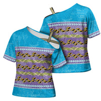 Hawaii Humuhumu Fish Maile Pikake Lei Cross Shoulder Shirt Tribal Tapa Blue Version