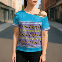 Hawaii Humuhumu Fish Maile Pikake Lei Cross Shoulder Shirt Tribal Tapa Blue Version