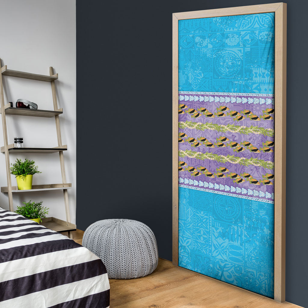Hawaii Humuhumu Fish Maile Pikake Lei Door Cover Tribal Tapa Blue Version