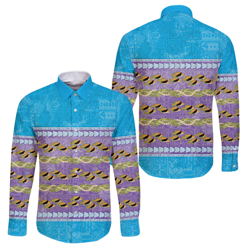 Hawaii Humuhumu Fish Maile Pikake Lei Family Matching Mermaid Dress and Hawaiian Shirt Tribal Tapa Blue Version