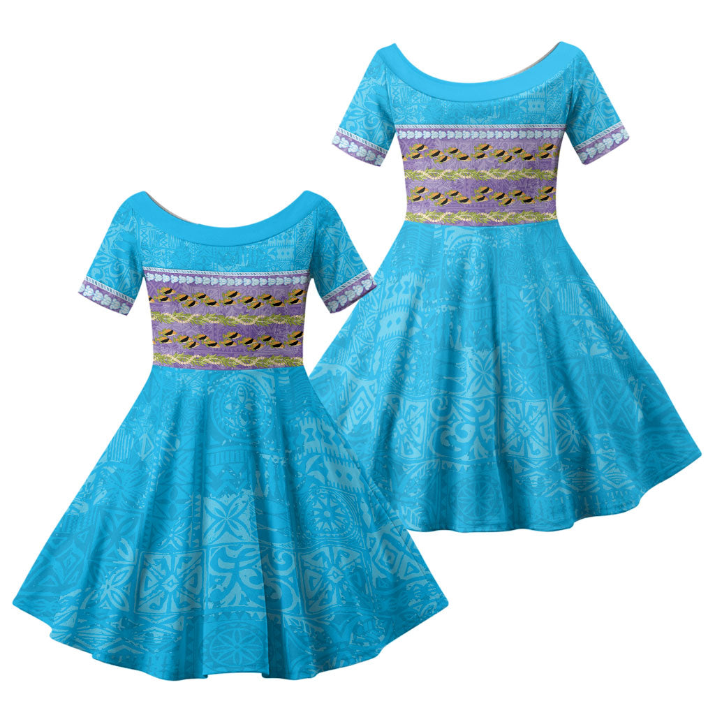 Hawaii Humuhumu Fish Maile Pikake Lei Family Matching Puletasi and Hawaiian Shirt Tribal Tapa Blue Version
