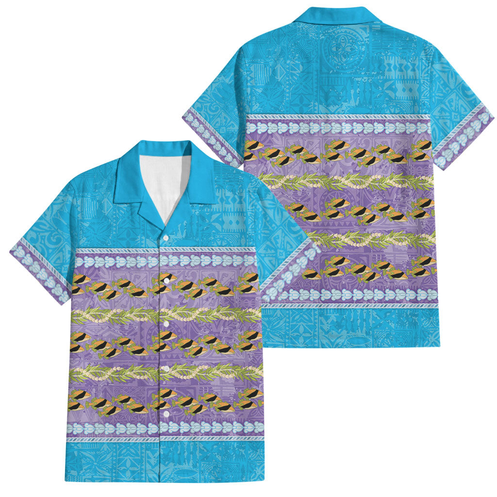 Hawaii Humuhumu Fish Maile Pikake Lei Family Matching Short Sleeve Bodycon Dress and Hawaiian Shirt Tribal Tapa Blue Version