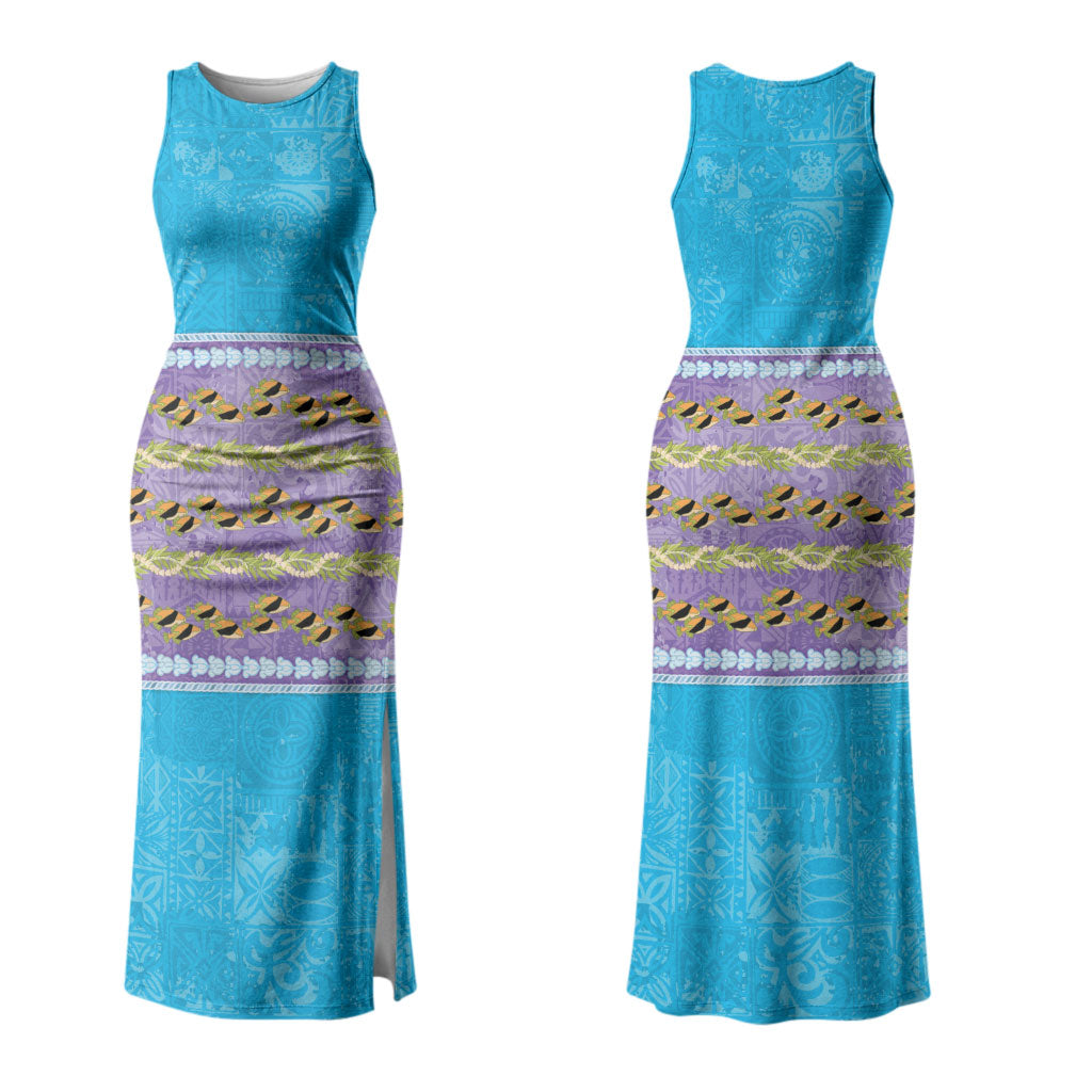 Hawaii Humuhumu Fish Maile Pikake Lei Family Matching Tank Maxi Dress and Hawaiian Shirt Tribal Tapa Blue Version