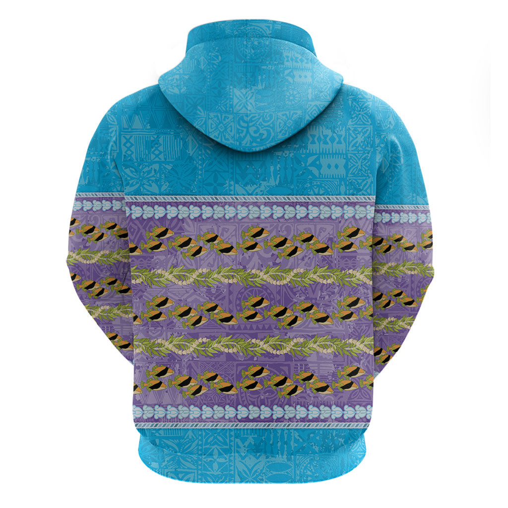 Hawaii Humuhumu Fish Maile Pikake Lei Hoodie Tribal Tapa Blue Version