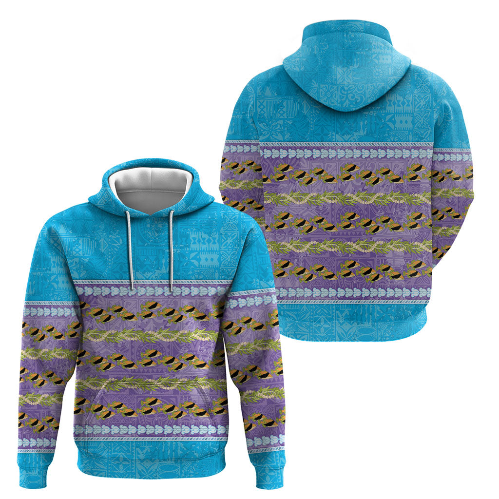 Hawaii Humuhumu Fish Maile Pikake Lei Hoodie Tribal Tapa Blue Version
