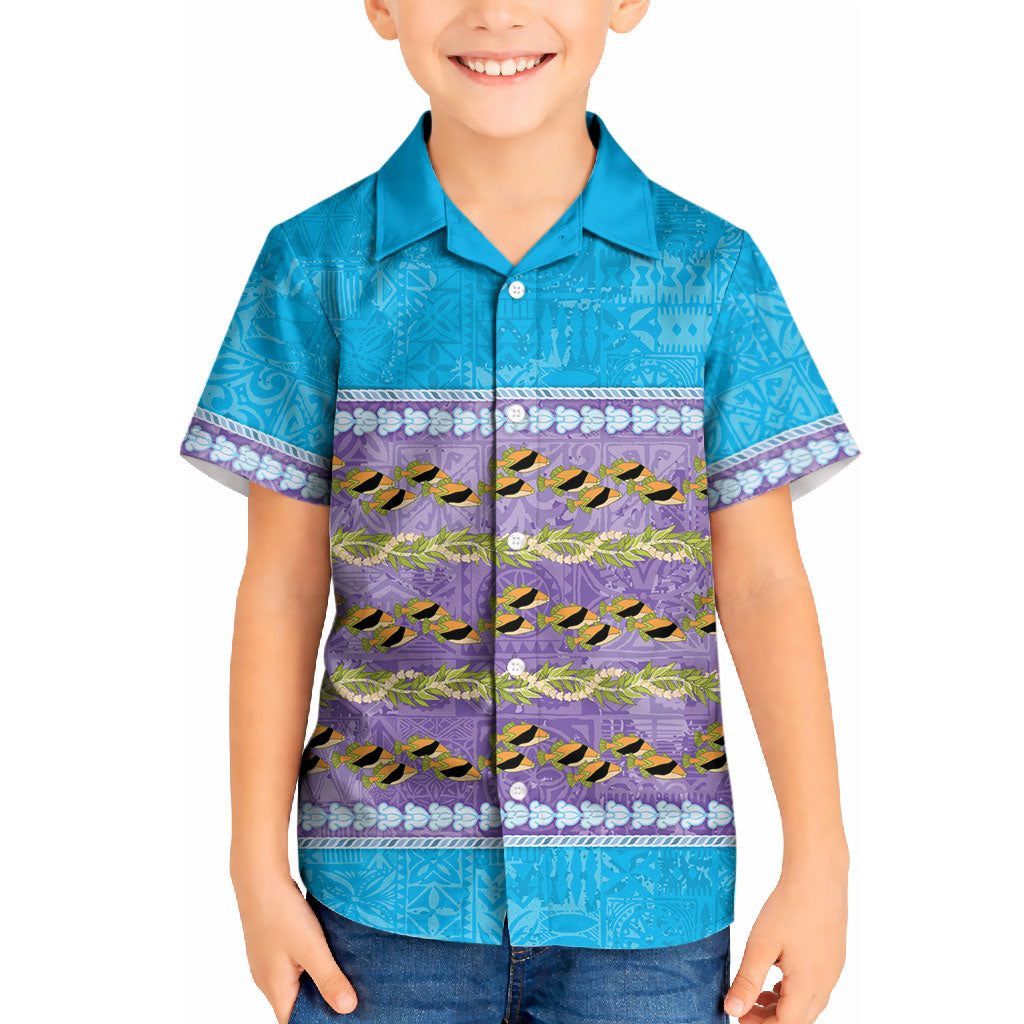 Hawaii Humuhumu Fish Maile Pikake Lei Kid Hawaiian Shirt Tribal Tapa Blue Version