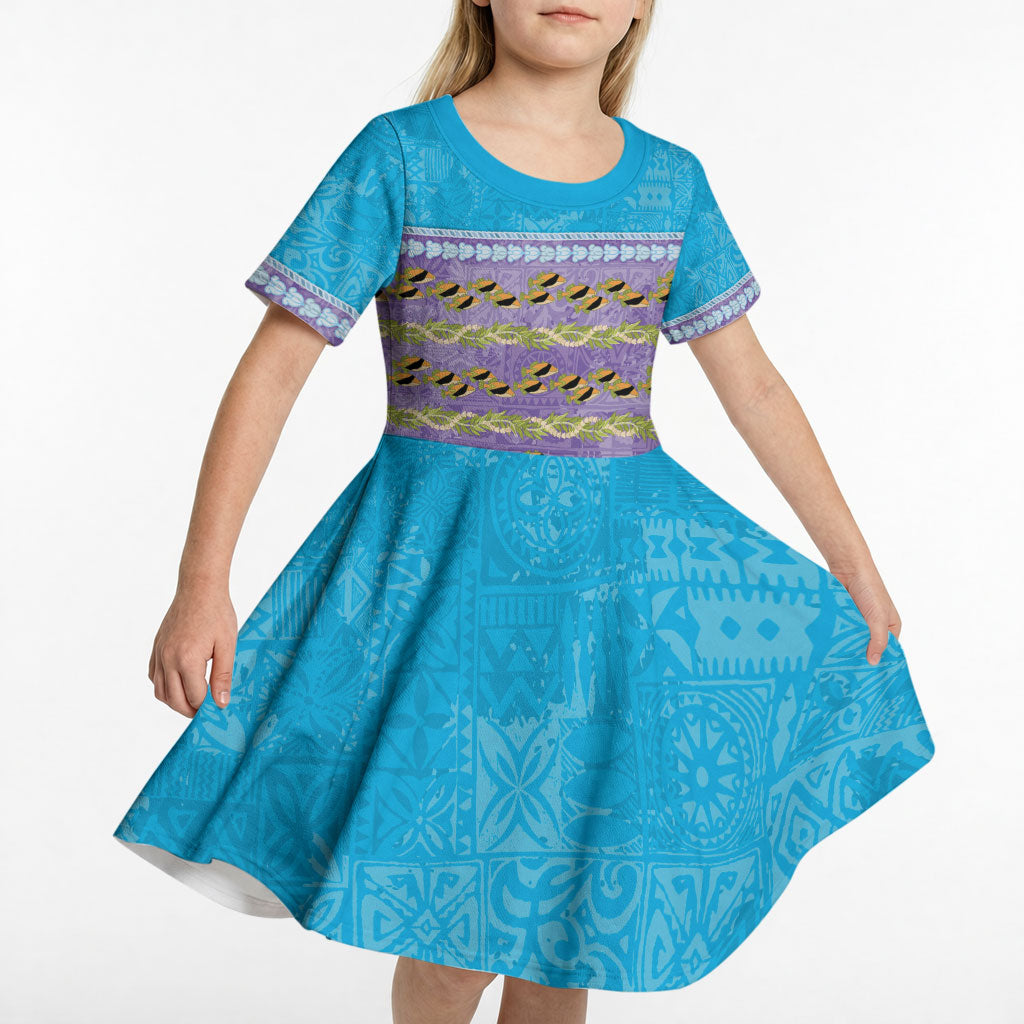 Hawaii Humuhumu Fish Maile Pikake Lei Kid Short Sleeve Dress Tribal Tapa Blue Version
